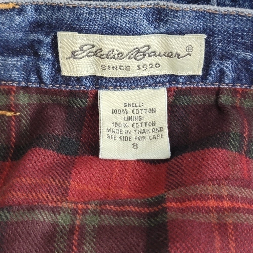 Eddie Bauer Vintage Flannel Lined Jean Skirt Long Denim Button Down Plaid Y2K - Picture 11 of 14